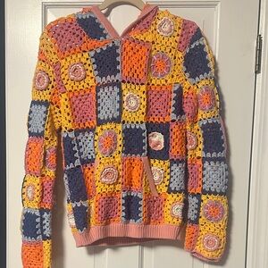 STAUD Calla Multicolor Crochet Patchwork Sweater Hoodie